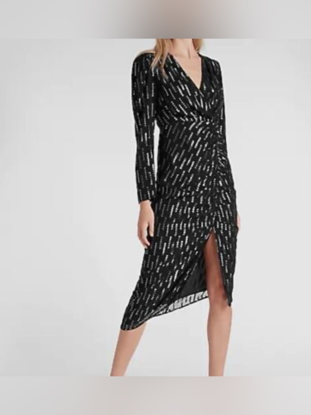 EXPRESS Metallic faux wrap ruched front asymmetrical midi dress nwt